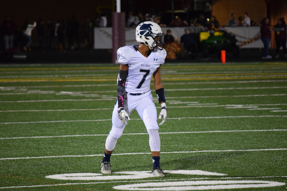 Stone Bridge junior receiver Tyrese Johnson put the Bulldogs in motion midway through the first quarter when he hauled in a 48-yard catch down to the Broad Run 2-yard line. Full photo gallery by Drew Woodford and Owen Gotimer!